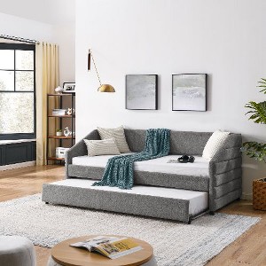 CAVINAS Twin Size Bed Frame, Linen Fabric Upholstered Daybed with Trundle, Tufted Sofa Bed with Diamond-Tufted Backrest and Stylish Wingback Arms - 1 of 4