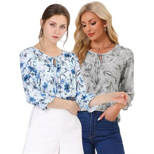 INSPIRE CHIC Women's Floral Bow Tie Neck Vintage 3/4 Sleeve Blouse 2 Packs - 1 of 4
