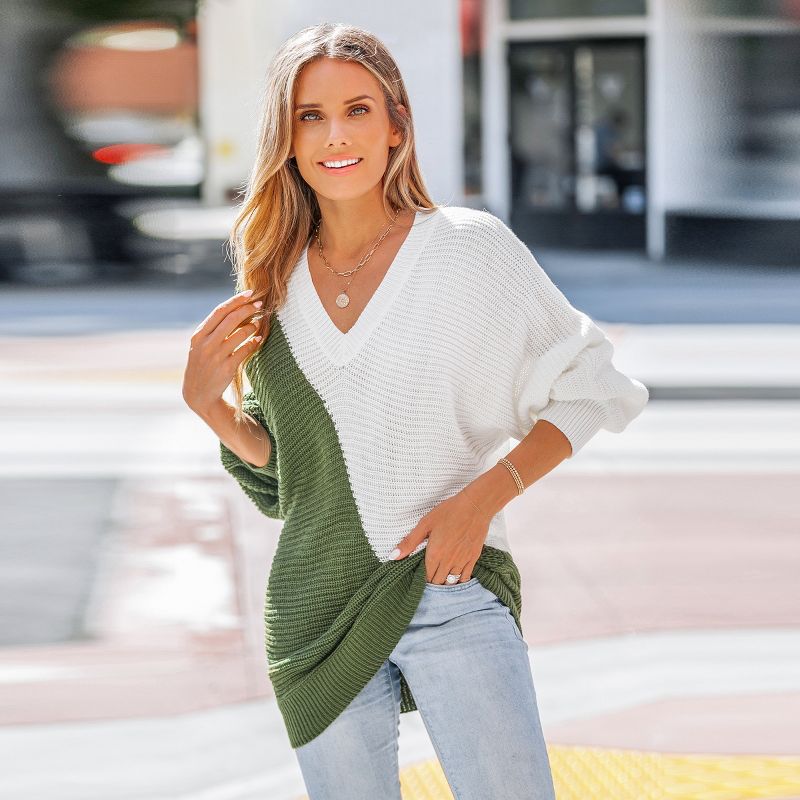 Women's Two-Tone V-neck Sweater - Cupshe, 3 of 9