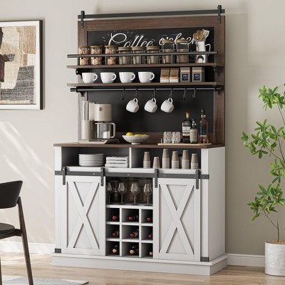 Farmhouse Coffee Bar Cabinet, 75" Tall Kitchen Hutch with Storage Shelves, 2 Sliding Barn Doors, 6 Hooks, Large Sideboard Buffet Cabinet, Brown/White