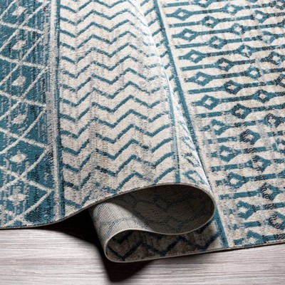 Blue Geometric Washable Round Synthetic Rug
