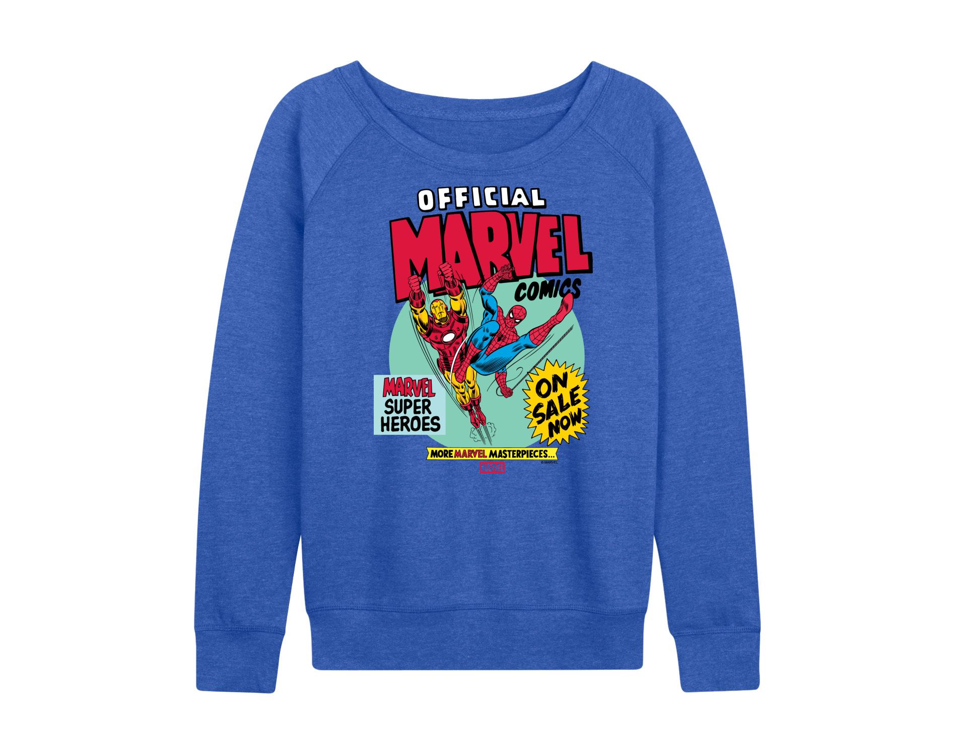 Women's Marvel Heroes Spider-Man Iron Man Lightweight French Terry Wide Neck Long Sleeve Graphic Shirt - Heather Royal Blue - 2 X-Large