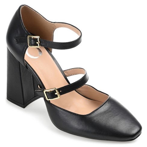 Mary Jane Heeled Pumps for Women Black Patent || Ankle Strap Mary Jane Shoes Leather Block Heels