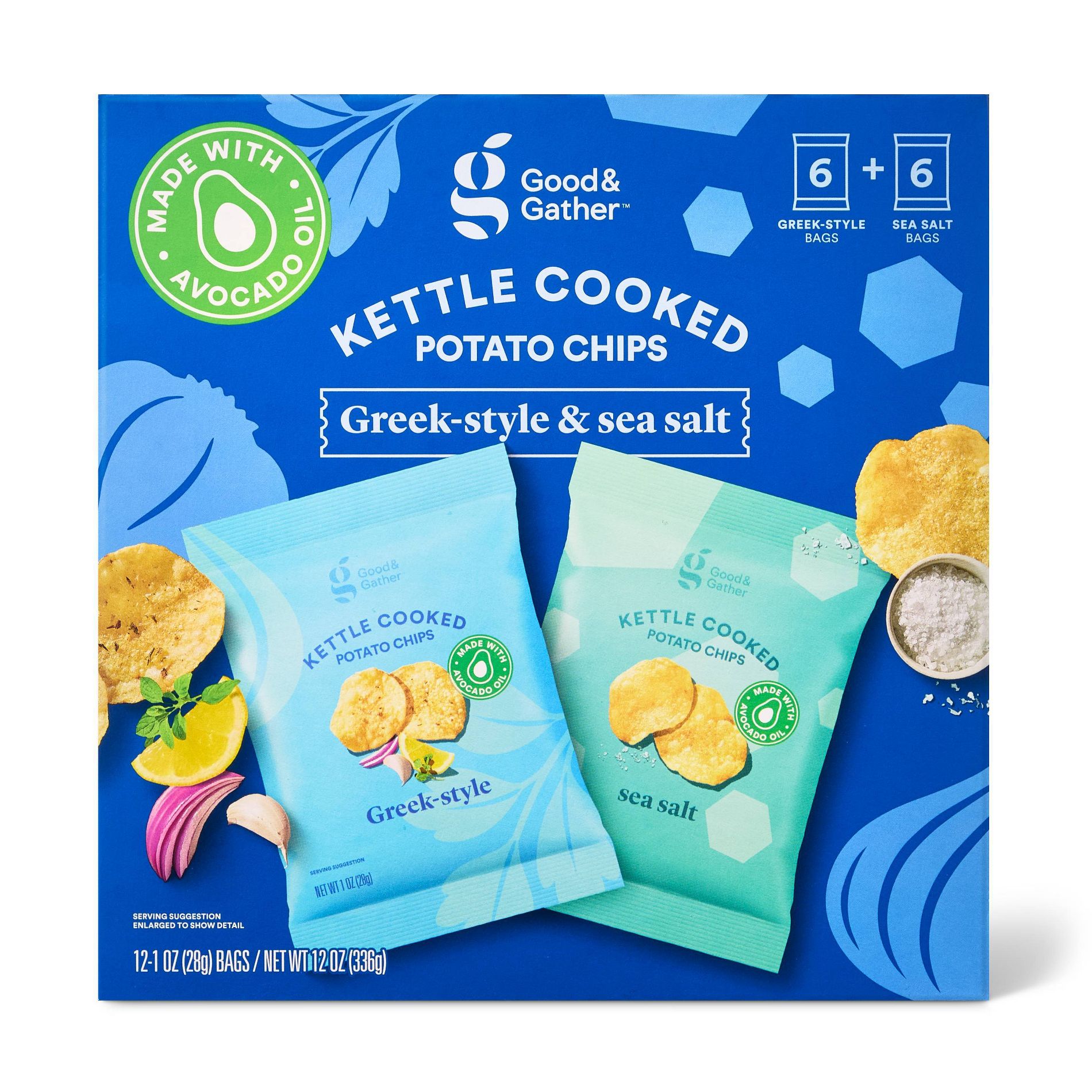 Sea Salt and Greek-Style Kettle Cooked Potato Chips Multipack made with Avocado Oil - 12ct/1oz - Good & Gather™