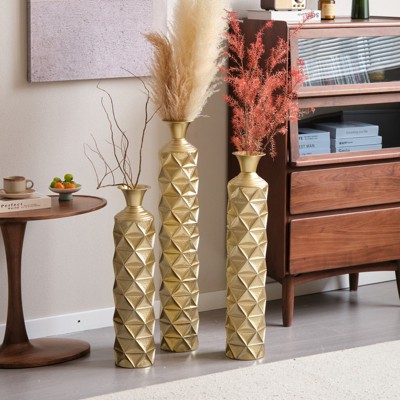 Aukfa Set of 3 Gold Metal Decorative Vases – High Distress 3D Triangle Pattern Center Vases for Home Decor, 33.5", 29.5", 25.2" High