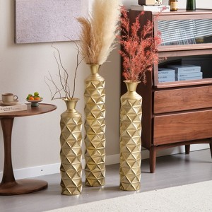 Aukfa Set of 3 Gold Metal Decorative Vases – High Distress 3D Triangle Pattern Center Vases for Home Decor, 33.5", 29.5", 25.2" High - 1 of 4