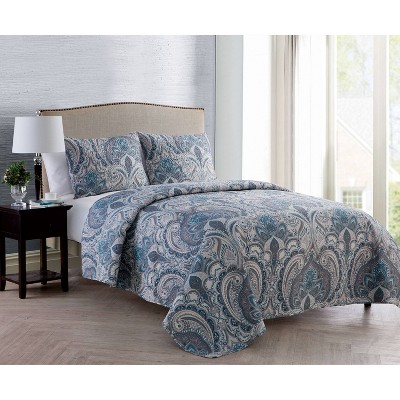 Lawrence Blue Microfiber Reversible Full Quilt Set