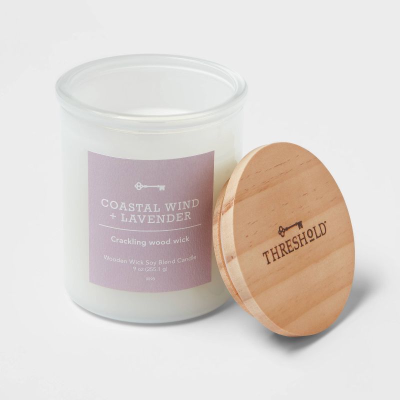 Milky White Glass Coastal Wind and Lavender Lidded Wooden Wick Jar Candle 9oz - Threshold&#8482;, 3 of 4