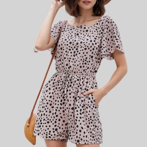 Anna-Kaci Women's Dalmatian Print Romper with Flutter Sleeves and Drawstring Waist - 1 of 4