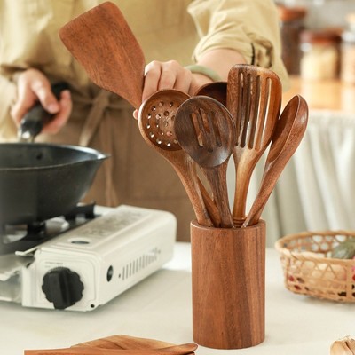 Deluxe 9-Piece Natural Wood Cooking Utensils Set with Holder