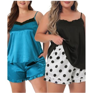 Agnes Orinda Women's Plus Size Satin Lace Trim Ruffle Hem Home Packs Pajamas Sets - 1 of 4