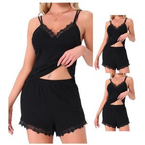 INSPIRE CHIC Women 2 Pcs Lounge Set Sleeveless Lace Spaghetti Strap Ribbed Pajama Sets - 1 of 4