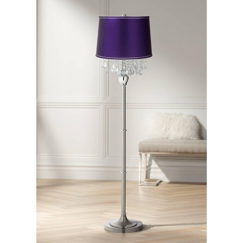 360 Lighting Modern Floor Lamp Standing 62 1/2" Tall Brushed Nickel Silver Crystals Dark Purple Satin Drum Shade for Living Room Bedroom Office House, 2 of 4