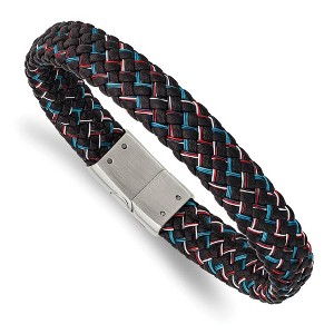 Black Bow Jewelry 12mm Stainless Steel Black Leather Multicolor Wire Bracelet, 8.25 Inch - 1 of 4