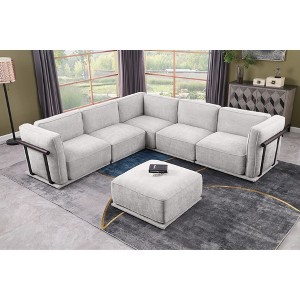 Standard Velvet Fabric Modular L-Shaped Sectional Sofas Set with Multiple Independent Seats, Includes Ottoman, and Wooden Metal Armrests - 1 of 4