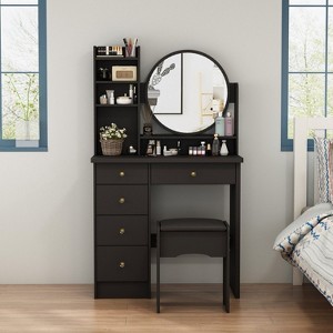 Hitow Makeup Table Set Vanity Table with Stool and Round Mirror Ring LED Strip Lights - 1 of 4