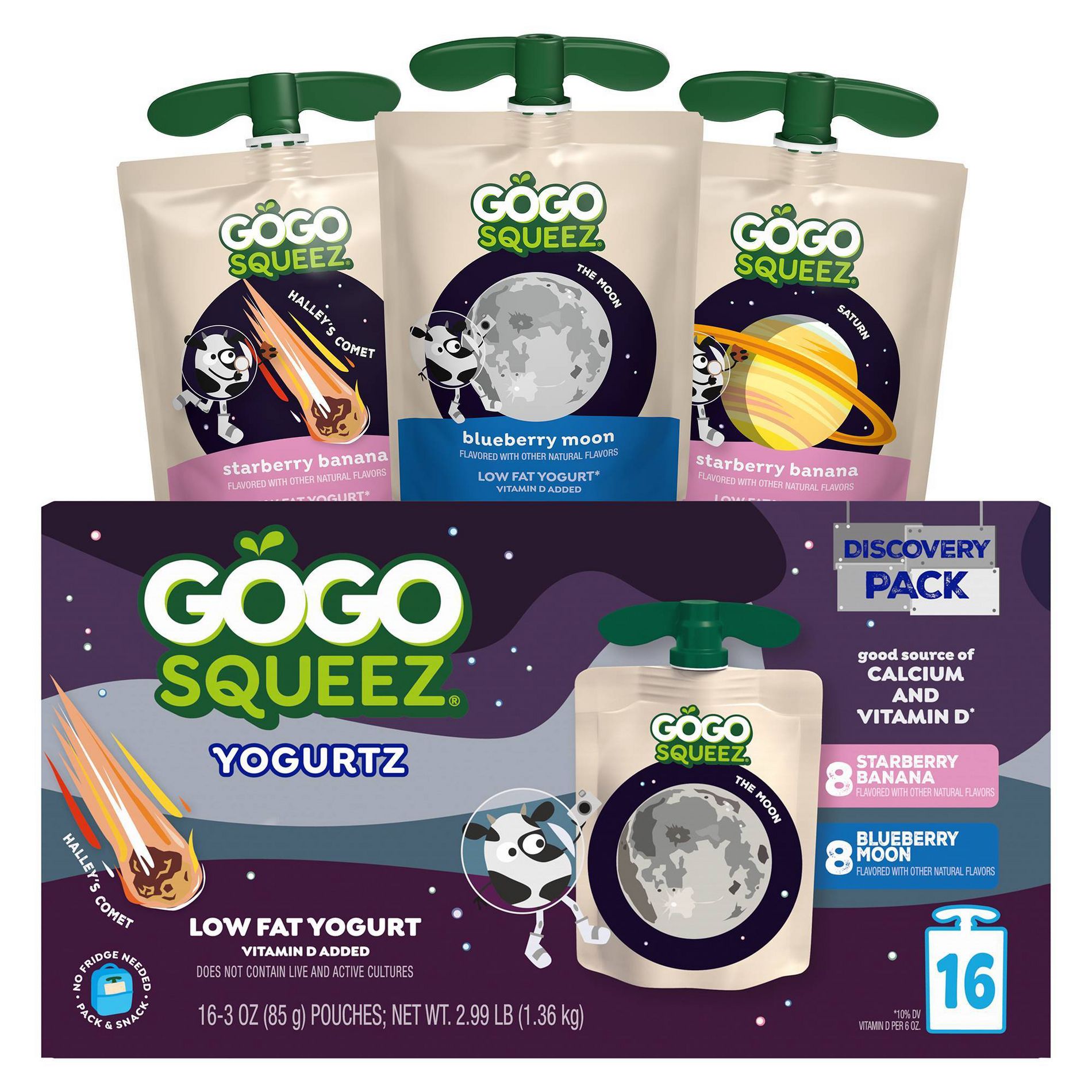 GoGo SqueeZ Kids' YogurtZ Space Discovery Pack Strawberry Banana and Blueberry Moon Pouches - 48oz/16ct