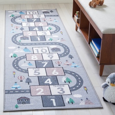 Grey and Pink Hopscotch Kids Washable Runner Rug