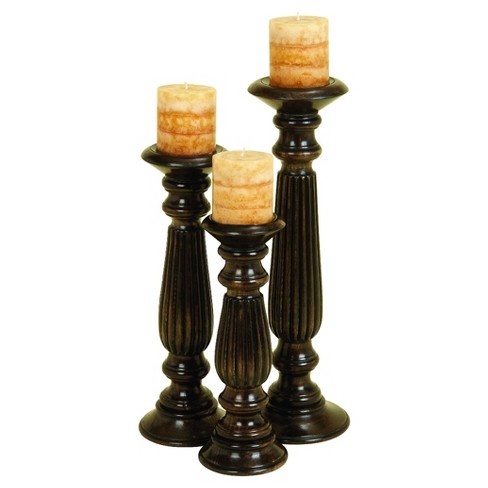 Set Of 3 Rustic Cylindrical Mango Wood Candle Holders Brown - Olivia & May  : Target