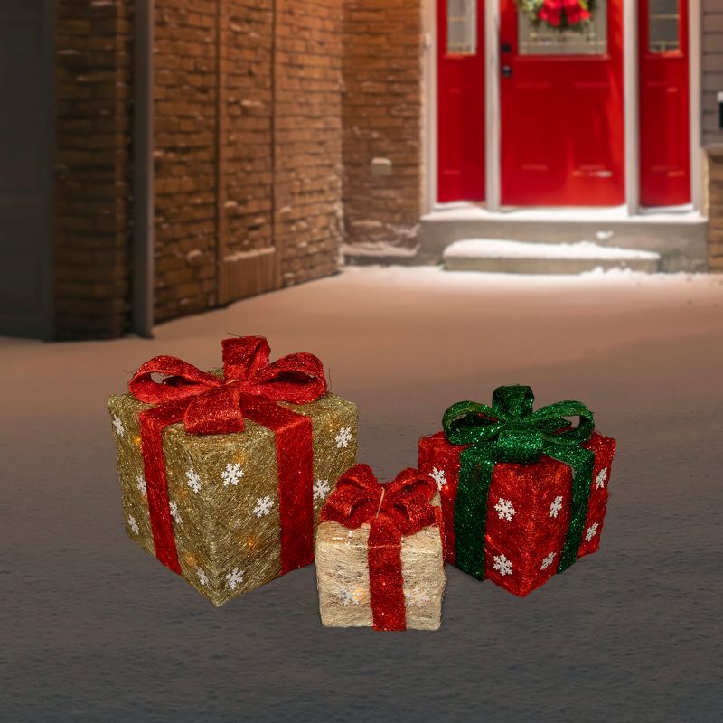 Northlight Set of 3 Lighted Red and Gold Gift Boxes Christmas Outdoor Decorations 10", 2 of 6