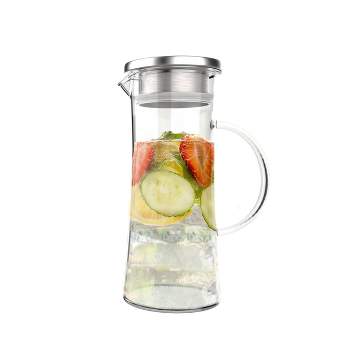 Glass Pitcher-50oz. Carafe with Stainless Steel Filter Lid- Heat Resistant to 300F-For Water, Coffee, Tea, Punch, Lemonade and More by Classic Cuisine