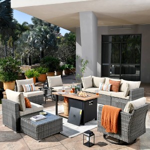 Venice 10pc Wicker Outdoor Patio Furniture Set Conversation Sofa with a Storage Fire Pit, Swivel Chair and Cushions - 1 of 4