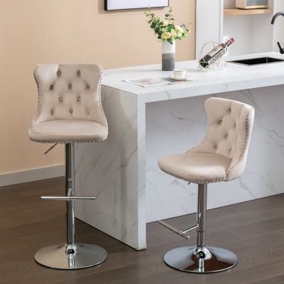 SKRAN Swivel Velvet Barstools Set of 2, Adjustable Seat Height Tufted Back Hand-Hammered Rivets Black Metal Leg For Home Pub & Kitchen Island