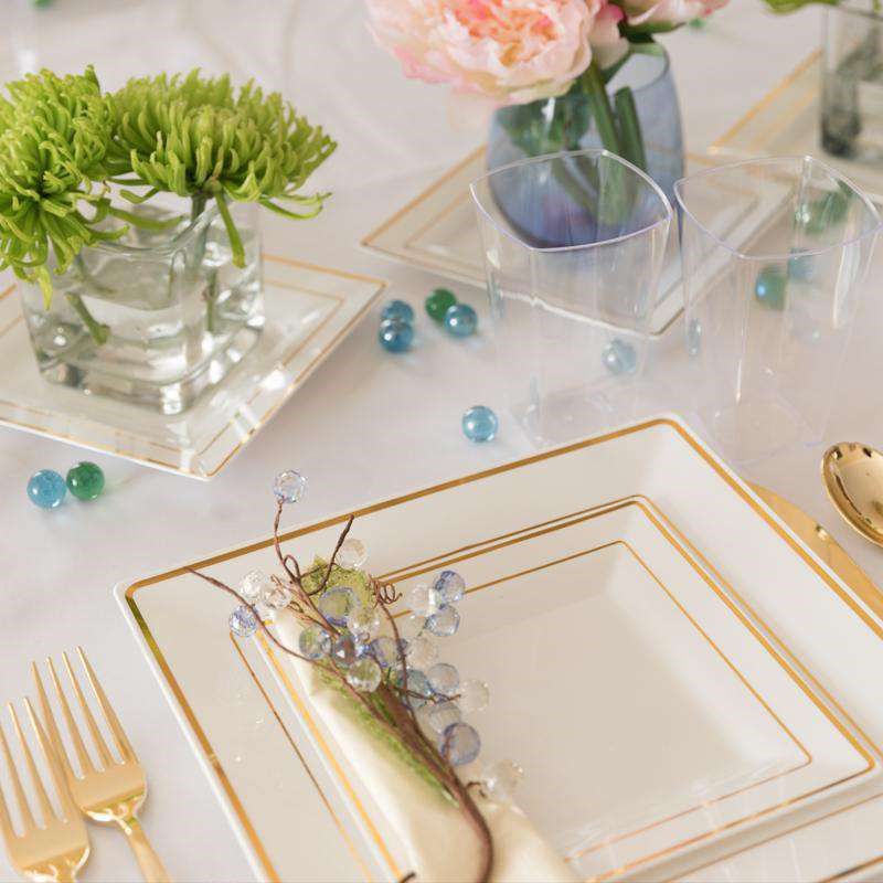 Smarty Had A Party 9.5" White with Gold Square Edge Rim Plastic Dinner Plates (120 Plates), 3 of 7