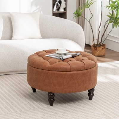 SEYNAR 29.5''Modern PU Leather Round Storage Ottoman with Wood Legs