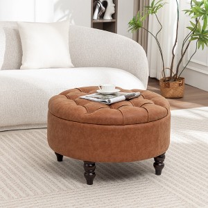 SEYNAR 29.5''Modern PU Leather Round Storage Ottoman with Wood Legs - 1 of 4