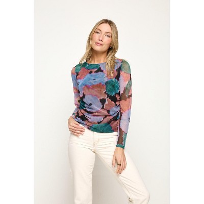 WEST K Women's Isla Long Sleeve Side Ruched Mesh Top