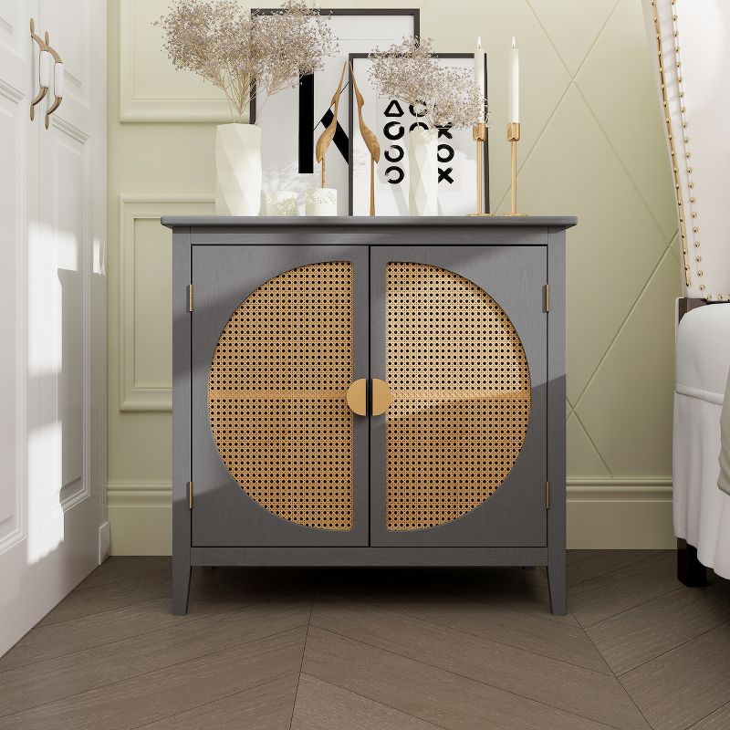 Crete Rattan Accent Storage Cabinet with 2 Rattan Doors,Semicircular Shape Doors Natural Storage Cabinet With 1 Adjustable Inner Shelves-Maison Boucle, 1 of 10