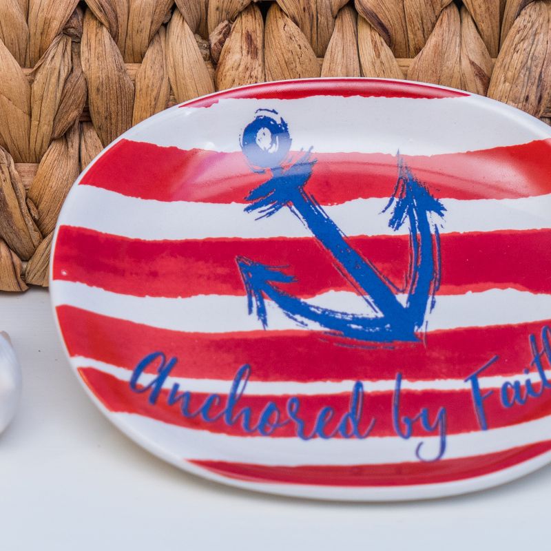 Beachcombers Red White & Blue Stripes Anchored By Faith 4th of July Patriotic Decoration Trinket Dish, 3 of 4