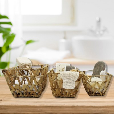 Natural Flared Water Hyacinth Storage Baskets with Handles Set of 3