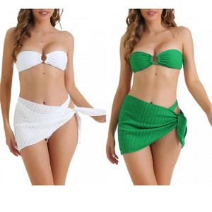 INSPIRE CHIC Women's O Ring Bandeau Ribbed Triangle Bottoms with Cover Up Bottoms Swimwear Bathing Bikini Suits 2 Sets - 1 of 4