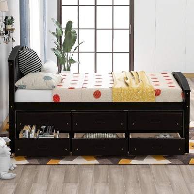 Twin Size Solid Pine Wood Platform Bed with 6 Storage Drawers, Modern and Vintage Compatible Design Bed for Bedroom-Baofuwish