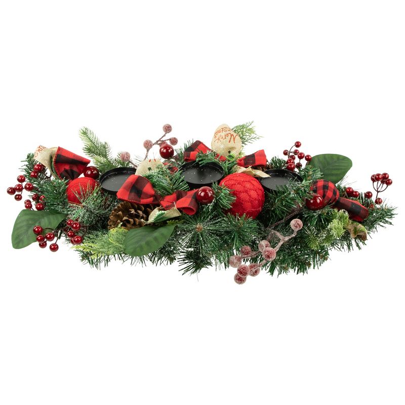 Northlight 30" Green Pine Triple Candle Holder with Bows and Plaid Christmas Ornaments, 1 of 6