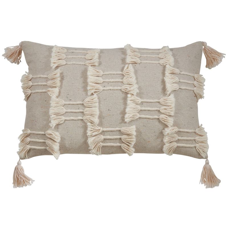 Saro Lifestyle Tri-Line Frayed Throw Pillow With  Down Filling, Natural, 14" x 23", 1 of 3