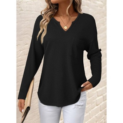 Women's V-Neck Long Sleeve Top Loose Fit Casual Shirt with Pocket Soft Breathable Fabric Comfortable Daily Wear Blouse