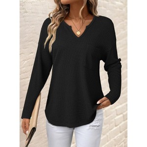 Women's V-Neck Long Sleeve Top Loose Fit Casual Shirt with Pocket Soft Breathable Fabric Comfortable Daily Wear Blouse - 1 of 4