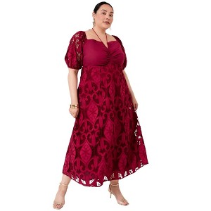 June + Vie by Roaman's Women's Plus Size Eyelet Puff Sleeve Peasant Dress - 1 of 4