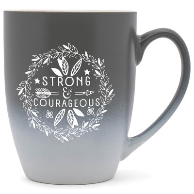 Elanze Designs Strong And Courageous Two Toned Ombre Matte Grey and White 12 ounce Ceramic Stoneware Coffee Cup Mug