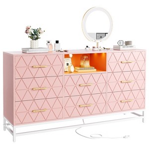 Charging Station - LED Lights(USB  AC Outlets, Geometric Pattern Gold Handles, White Chest of Drawers for Bedroom Living Room - 1 of 4