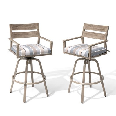 Crestlive Products Aluminum Outdoor Swivel Woodgrain Finish Bar Stools with Sunbrella Cushion Set of 2