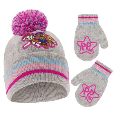Paw Patrol's Marshall, Chase and Skye Girls Winter Hat and Mittens Set, Kids Ages 2-4 (Grey)