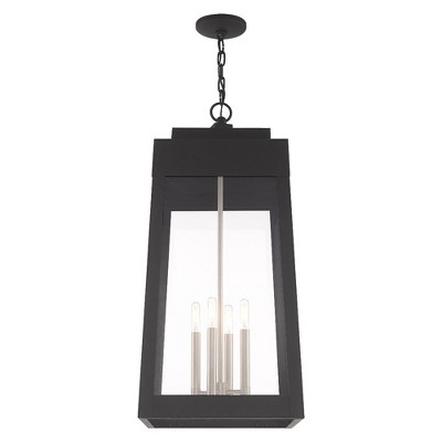 Sleek Tapered Black Brass Outdoor Pendant with Clear Glass Panels