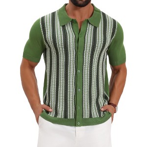 INSPIRE CHIC Men's Striped Knitted Summer Short Sleeves Button Down Jacquard Polo Shirts - 1 of 4