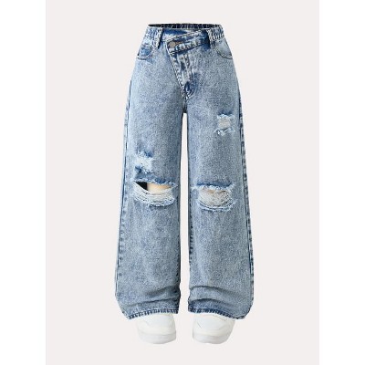 Mocamel Teen Girls Loose Ripped Wide Leg Jeans Asymmetrical Design Denim Trousers