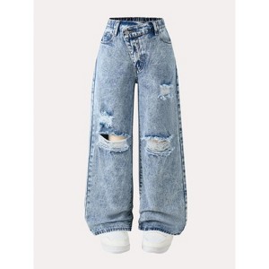 Mocamel Teen Girls Loose Ripped Wide Leg Jeans Asymmetrical Design Denim Trousers - 1 of 4