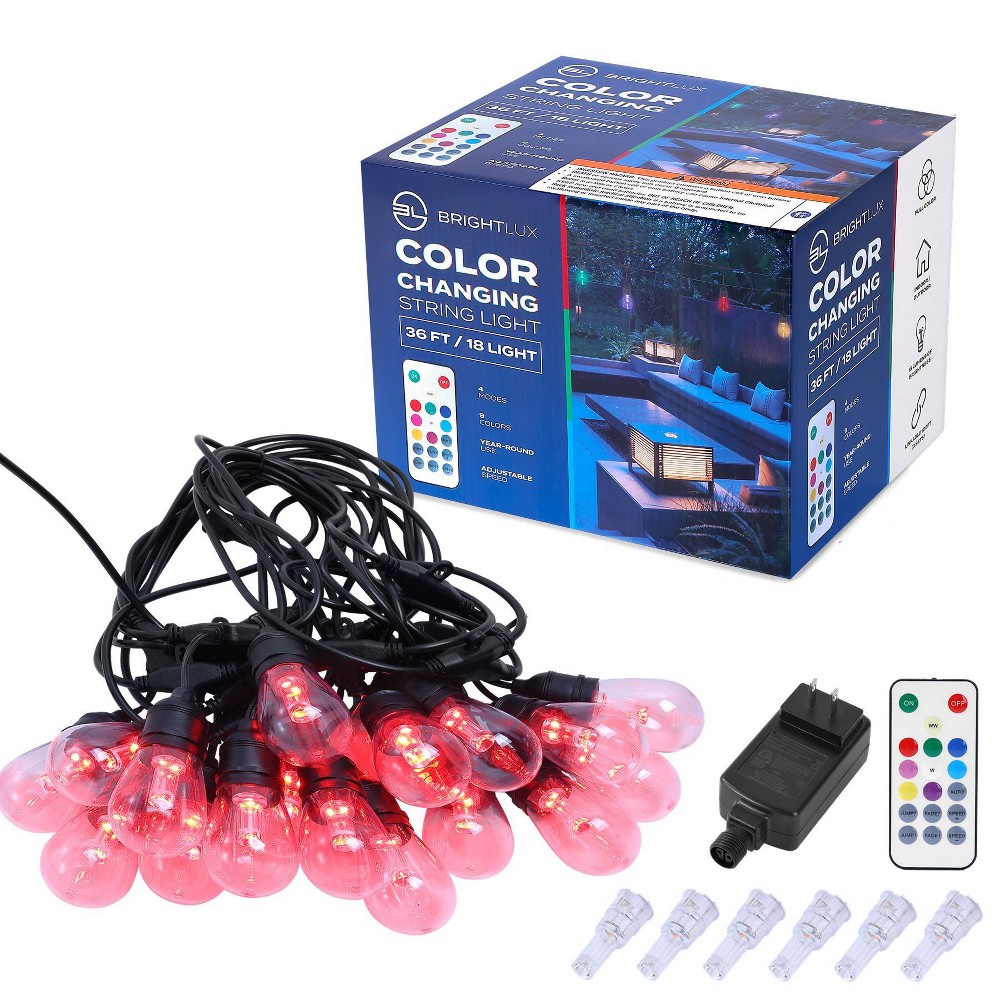 BrightLux 18ct LED 36ft Color Changing Indoor Outdoor Filament String Lights Multicolor Bulbs with Black Wire